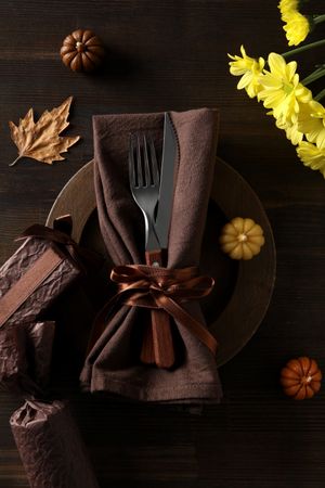 Concept of Thanksgiving day, Autumn table setting, top view