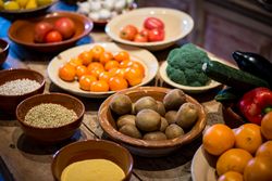 Old village cellar with spices, vegetables and fruits