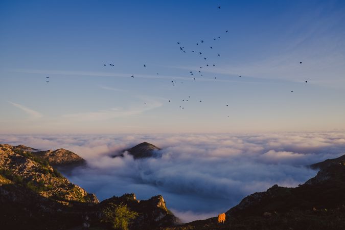 Wonderful view of blue sky above thick clouds in valley from mountain