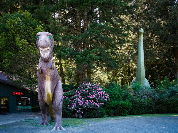 Manmade creatures welcome visitors to the Prehistoric Gardens in Port Orford, Oregon