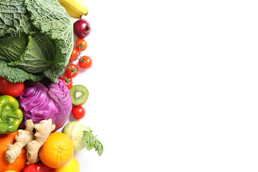 Composition with fresh vegetables and fruits isolated on blank background
