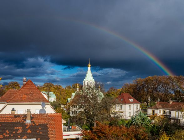 Rainbow after autumn rain over the old quarter of Strasbourg.