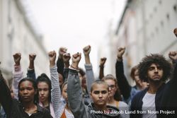 Group of protestors with their fists raised up in the air 4ZJ734