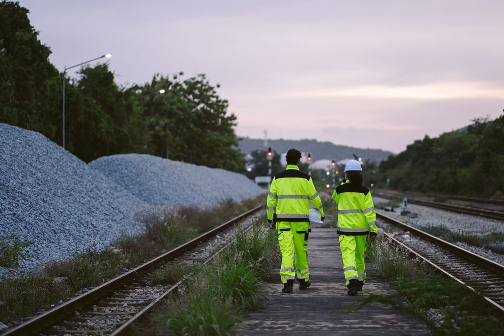 Two railway workers walk along railway tracks at sunset