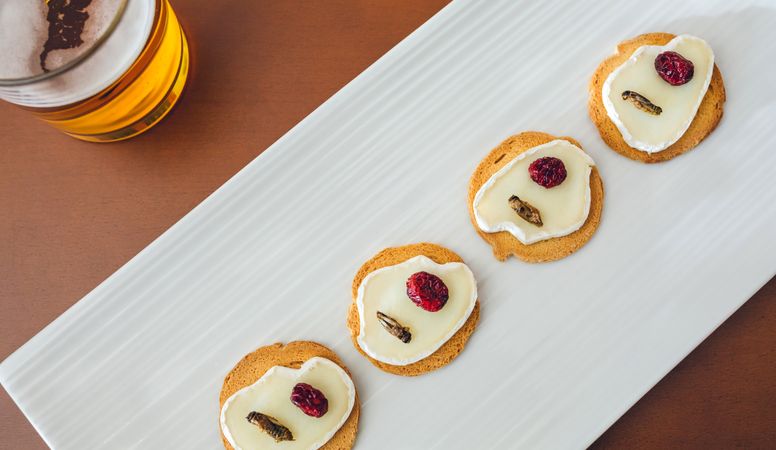 Tray of canapes with crickets