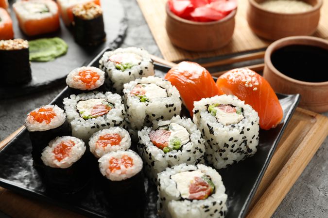 Composition with delicious sushi rolls. Japanese food