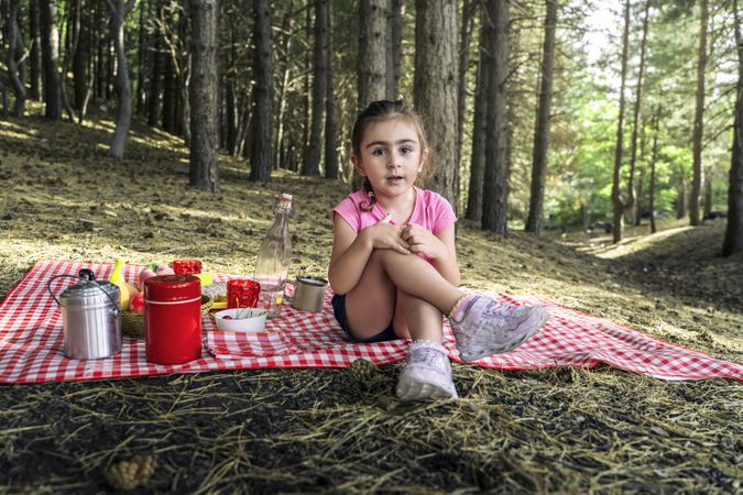 Portrait of a cute young girl sitting on a picnic blanket in a forest, looking at the camera.