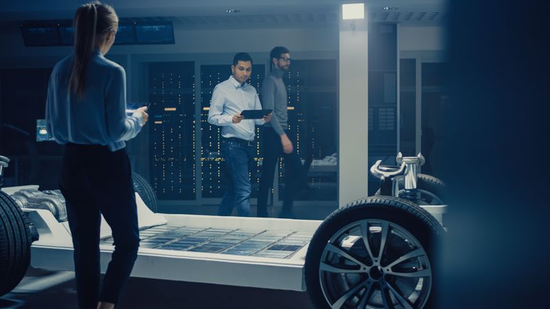 Team of Automotive Engineers Working on Electric Car Chassis Platform, Taking Measures