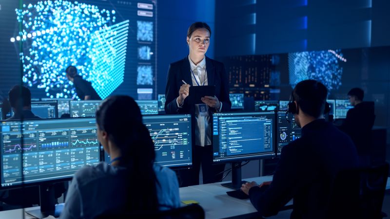 Professional Woman Leads Team in High-tech Control Room. Analysts Monitor Data on Multiple Screens Displaying Complex Information.