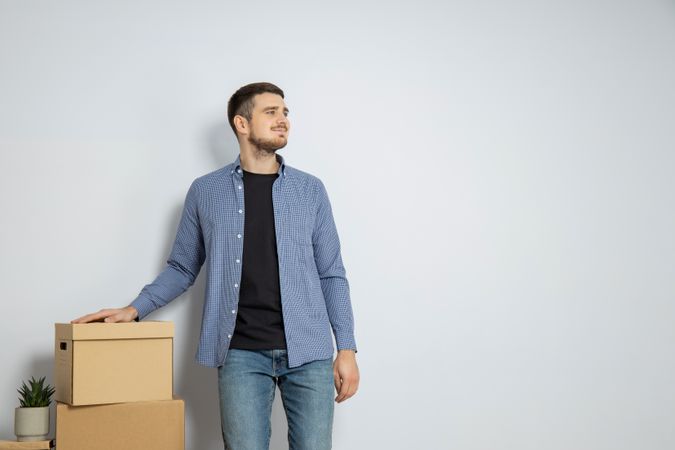 Concept of move with young man on light background