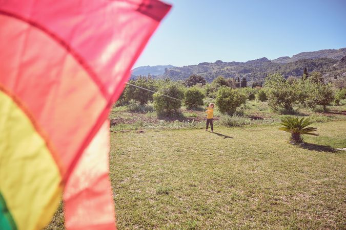 Boy with kite on field