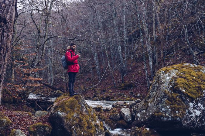 Concentrated tourist using smartphone while standing on stone in forest