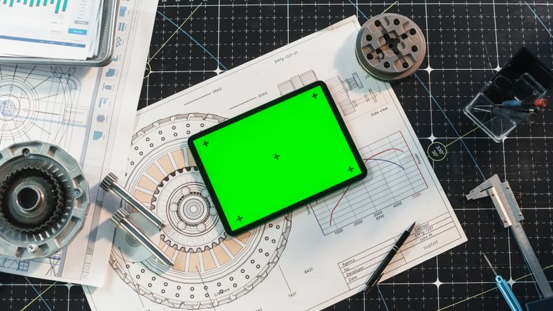 Top View of a Tablet Computer with Mock Up Green Screen Chromakey Display with Motion Trackers Lying on an Engineer's Desk Next to Technical Blueprints and Drawings, Mechanical Parts