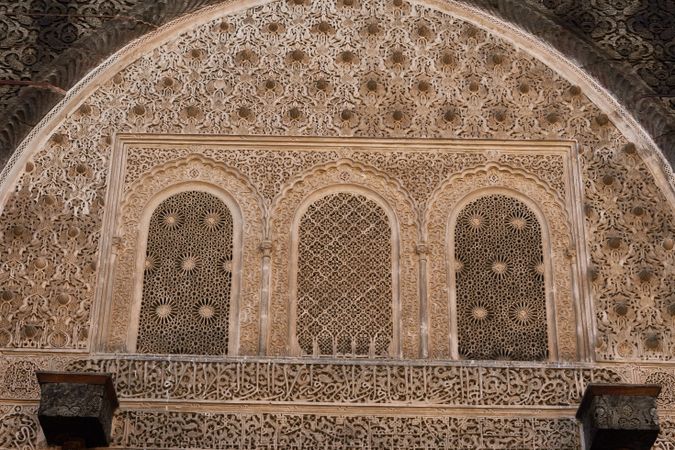 Facade of old stone building in Marrakesh, Morocco