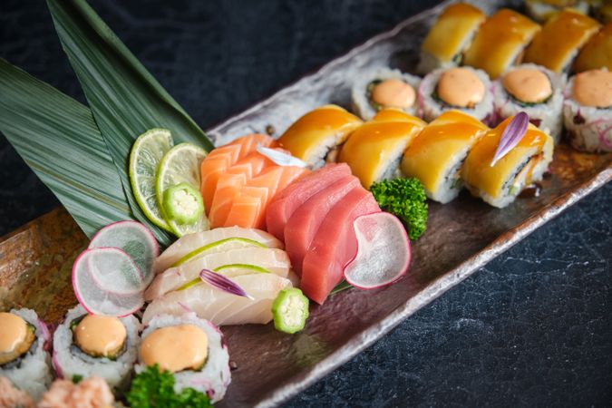 Tray with beautifully presented sushi pieces