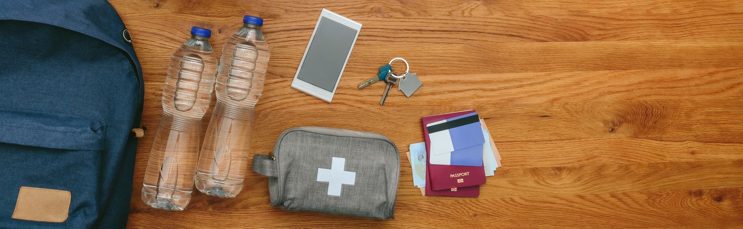 Top view of emergency backpack preparations