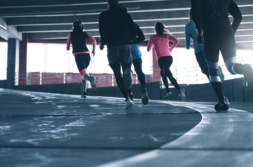 Rear shot of group of people working out and running