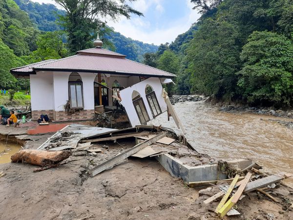 Tanah Datar, Indonesia - May 12, 2024: condition of the mosque affected by cold lava flash floods. Natural Disaster in Lembah Anai, Sepuluh Koto District, Tanah Datar, West Sumatra, Indonesia