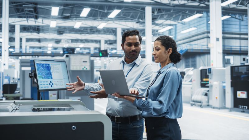 Male and female colleagues with computer at store check out