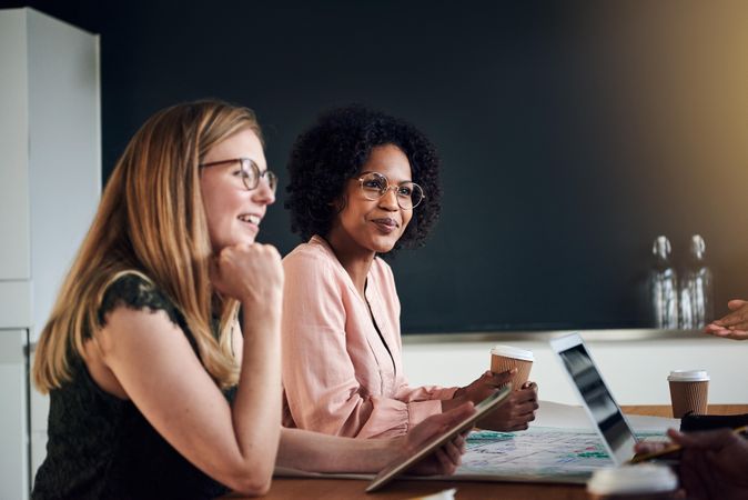 Two confident business woman discussing ideas during a meeting
