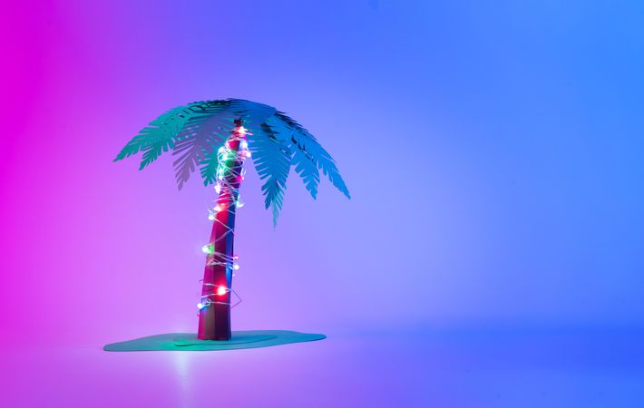 Tropical palm tree with festive lights on lit gradient blue to pink background