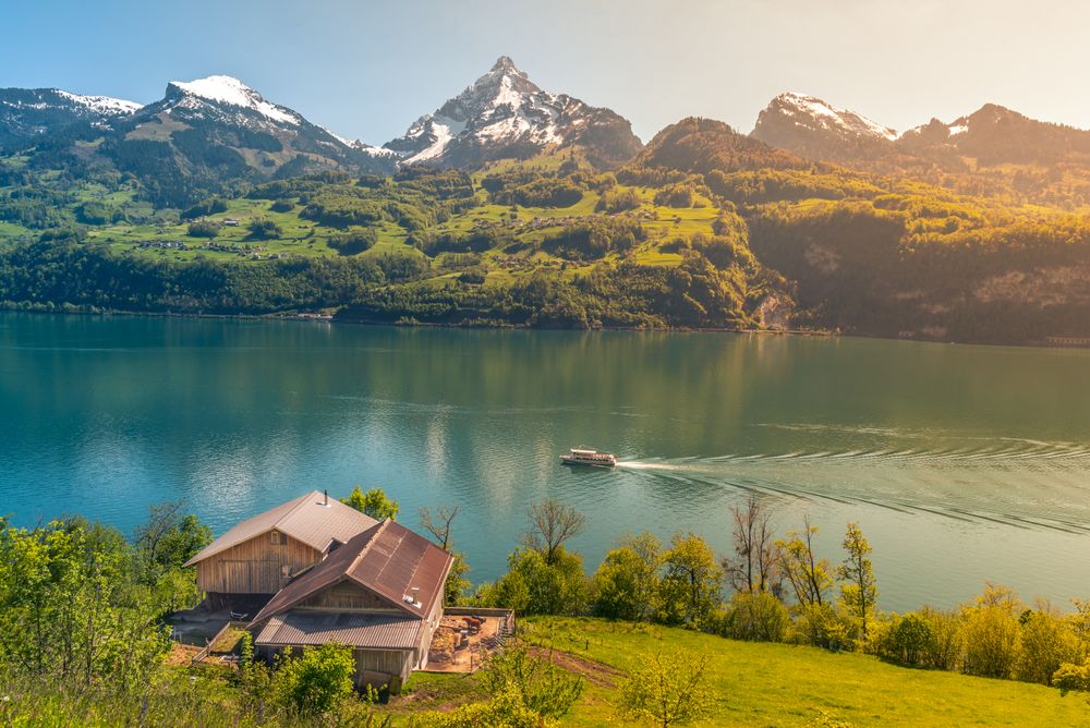 Picturesque alpine scenery warmed up by sunlight