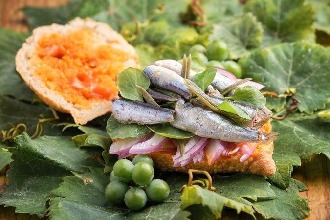 Open harvest sandwich with sardines, meat and different vegetabl