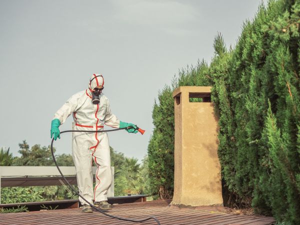 Fumigator with long hose walking measuring distance for treatment