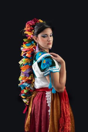 Portrait of woman in Chiapas dress against dark background