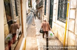 Back view of an older man holding a plastic bag and walking in residential alley bxrOd5