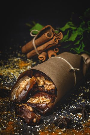 Dates fruits with walnuts, mint and cinnamon for Ramadan