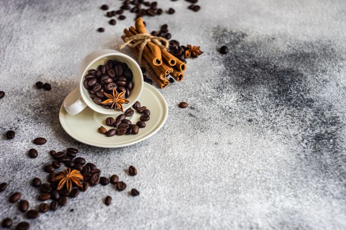Coffee beans in cup with cinnamon sticks and star anise with copy space