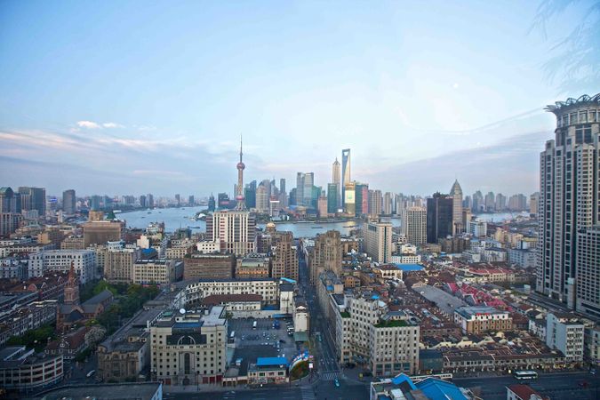 Aerial view of city of Lujiazui, Pudong, Shanghai, China
