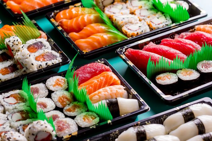 Tasty sushi served in a table