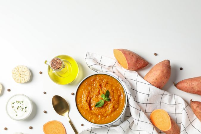 Concept of tasty food, sweet potato puree, top view