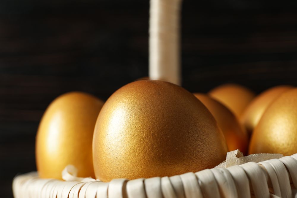 Pension rewards, returns and investment funding concepts, golden eggs