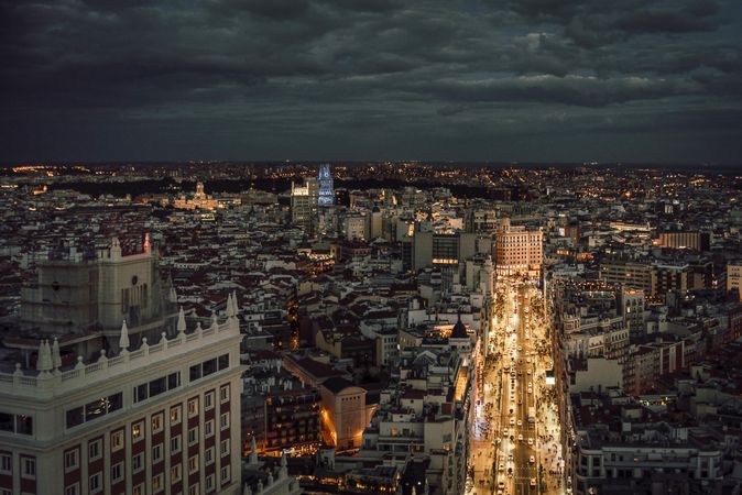 Aerial view of Madrid cityscape at night in Spain