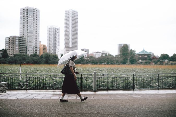 Side view of young woman holding umbrella walking on sidewalk in Taito city, Tokyo, Japan