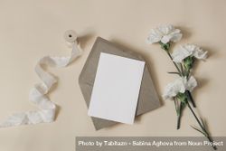 Carnation flowers, eucalyptus branches and ribbon on beige table with blank card 0PjNgv
