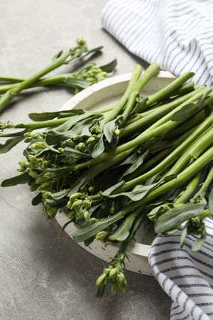 Tray with broccolini and napkin on gray background