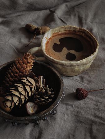Top view of dark coffee in ceramic mug on bed with bowl of pine cones on grey sheets