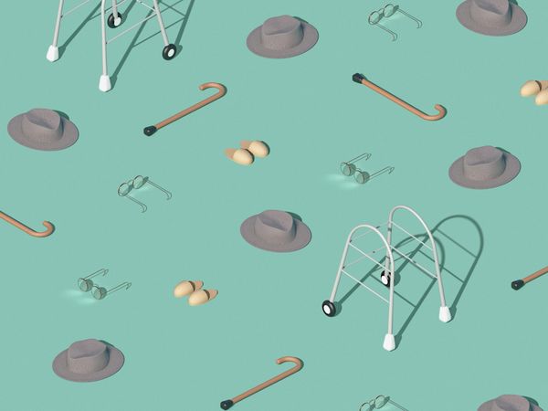 Pattern made with everyday medical objects of elderly people, cane walker, glasses, slippers