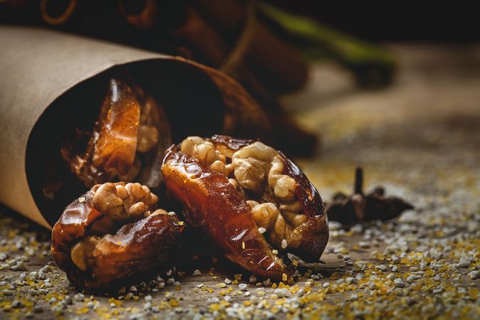 Dates fruits with walnuts, mint and cinnamon for Ramadan
