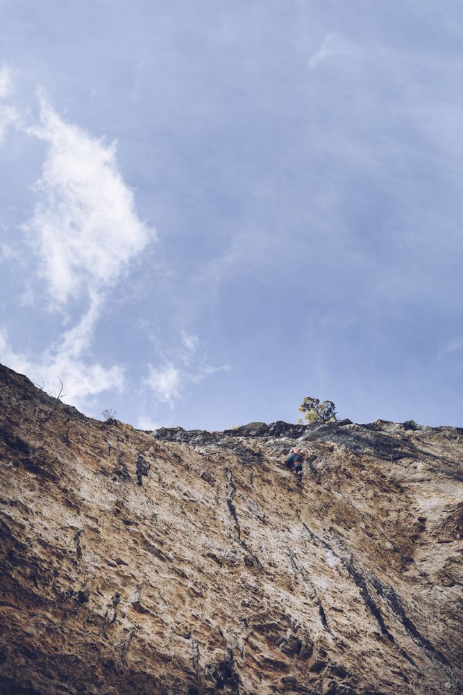Anonymous man climbing rock