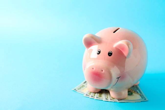 Happy piggy bank with dollars on color background, space for text. Finance, saving money