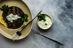 Top view of plate of stuffed grape leaves