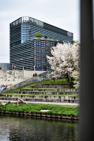 New modern large glass and concrete buildings in Strasbourg.