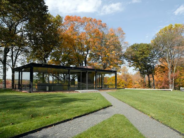 Glass house in autumn in New Canaan, Connecticut