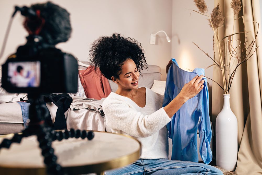 Trendy woman holding up blue shirt to camera