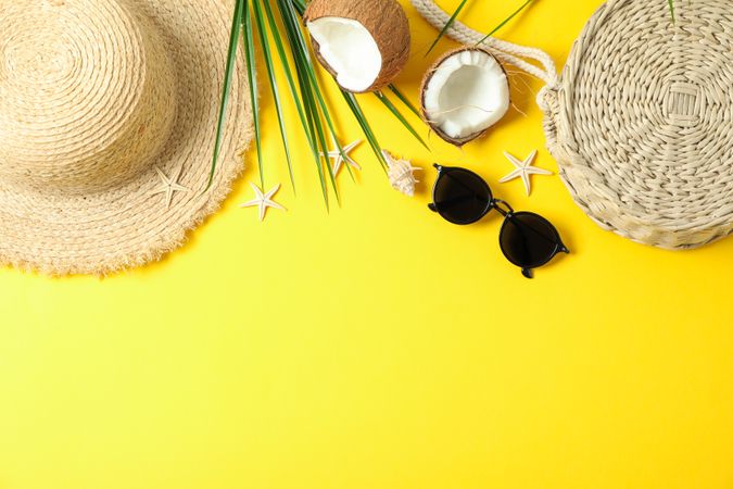 Flat lay composition with summer vacation accessories on color background, space for text and top view. Happy holidays
